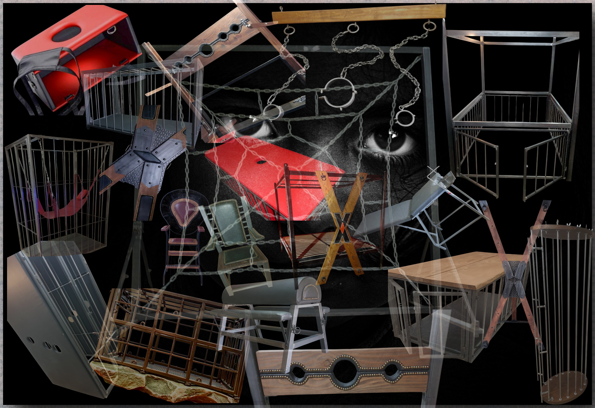 Catégorie mobiliers et structures, Croix de St André, cages, banc à fessées